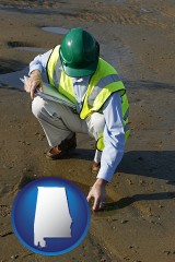 alabama map icon and an environmental engineer wearing a green safety helmet