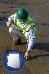 arizona map icon and an environmental engineer wearing a green safety helmet
