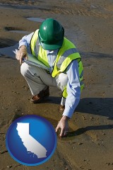 california map icon and an environmental engineer wearing a green safety helmet