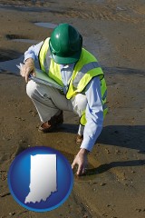 indiana map icon and an environmental engineer wearing a green safety helmet
