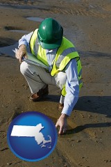 massachusetts map icon and an environmental engineer wearing a green safety helmet