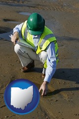 ohio map icon and an environmental engineer wearing a green safety helmet