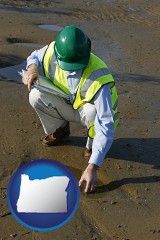 oregon map icon and an environmental engineer wearing a green safety helmet