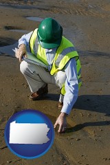 pennsylvania map icon and an environmental engineer wearing a green safety helmet