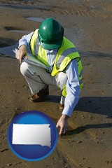 south-dakota map icon and an environmental engineer wearing a green safety helmet