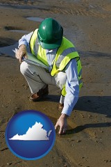 virginia map icon and an environmental engineer wearing a green safety helmet