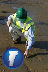 vermont map icon and an environmental engineer wearing a green safety helmet