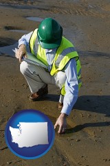 washington map icon and an environmental engineer wearing a green safety helmet