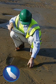an environmental engineer wearing a green safety helmet - with California icon