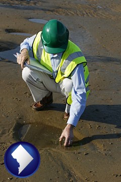 an environmental engineer wearing a green safety helmet - with Washington, DC icon