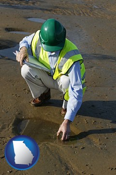an environmental engineer wearing a green safety helmet - with Georgia icon