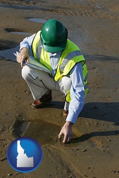 an environmental engineer wearing a green safety helmet - with Idaho icon