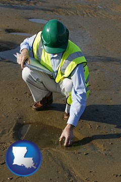 an environmental engineer wearing a green safety helmet - with Louisiana icon