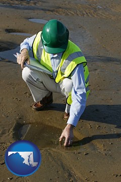 an environmental engineer wearing a green safety helmet - with Maryland icon