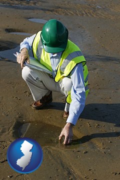an environmental engineer wearing a green safety helmet - with New Jersey icon