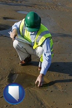 an environmental engineer wearing a green safety helmet - with Nevada icon