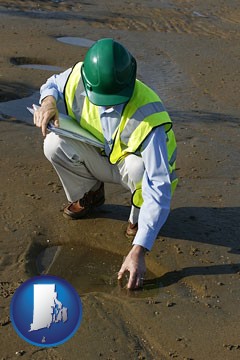 an environmental engineer wearing a green safety helmet - with Rhode Island icon