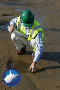 an environmental engineer wearing a green safety helmet - with West Virginia icon